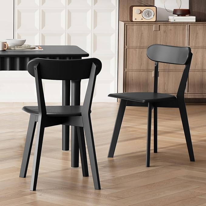 Solid Wood Dining Chairs Set of 2, Mid Century Modern Dining Room Chairs with Curved Backrest, Wooden Armless Kitchen Chairs for Dining Room, Space Saving, Black