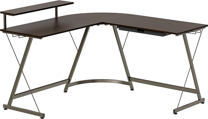 SHW 51 x 51 Inches Vista L-Shaped Desk with Monitor Stand and Drawer, Espresso