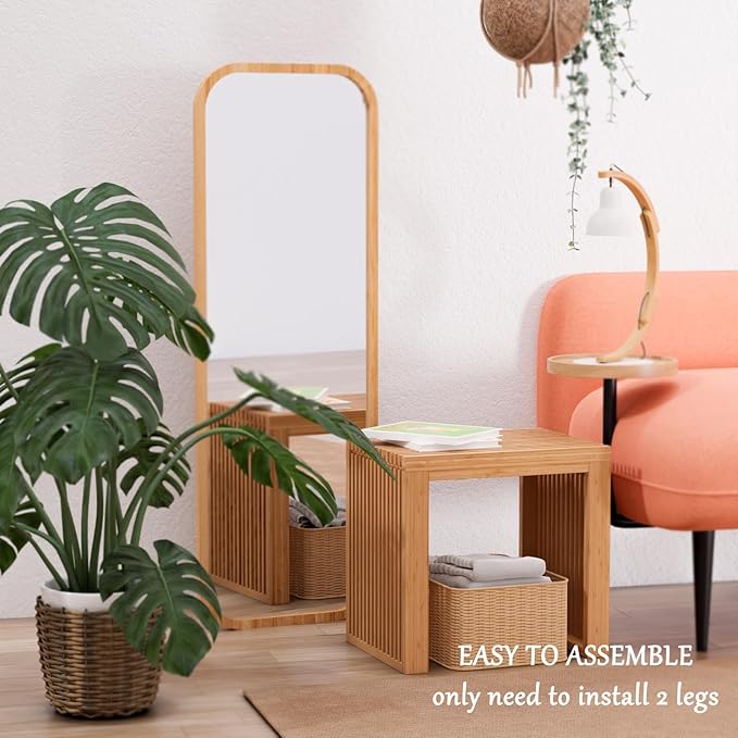 Bamboo Dining Bench Indoor Small Bench Entryway Shoe Rack Bench,Outdoor Modern Wood Benches 17 Inch for Living Room Hallway Bedroom Bathroom Nature Small