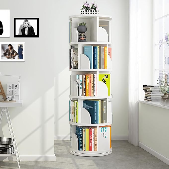 Rotating Bookshelf Tower, 360 Display 5 Tier Floor Standing Bookcase Storage Rack for Kids&Adults, Corner Bookshelf for Small Space, Book Shelf Rotating Bookcase for Bedroom, Living Room, Study