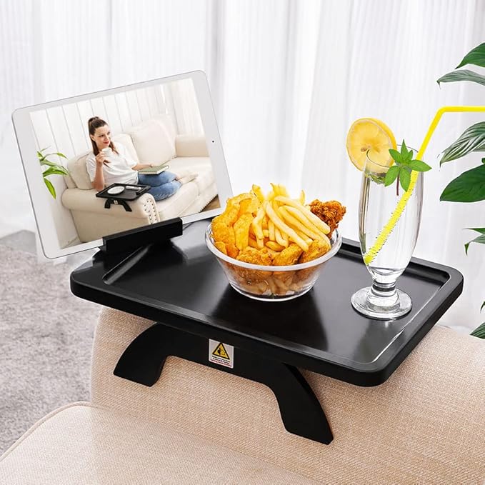 SINWANT Couch Arm Table, Bamboo Clip On Side Table Tray,Foldable Sofa Arm Tray with 360° Phone Holder for Eating Drinking Snacks Remote on Chair Armrest