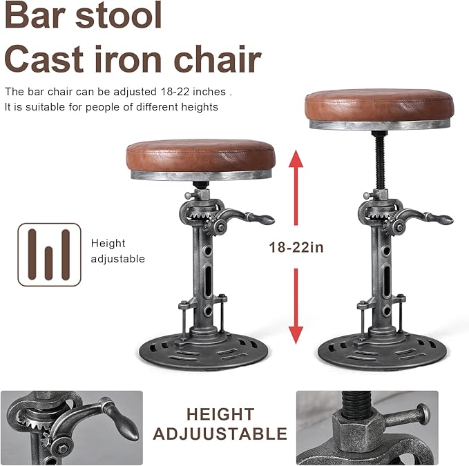 LOKKHAN American Antique Steampunk Deco Vintage Industrial Bar Cafe Stool, Retro Stylish Cast Iron Base Swivel Round Leather Top, Easily Adjusts by Crank Handle