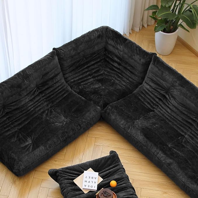 N&V Fireside Chair, Mid Century Armless Floor Sofa, Soft Premium Chenille Floor Lounge Chair, Foam Sofa Accent Chair for Living Room Bedroom and Office (Black, Corner Chair)
