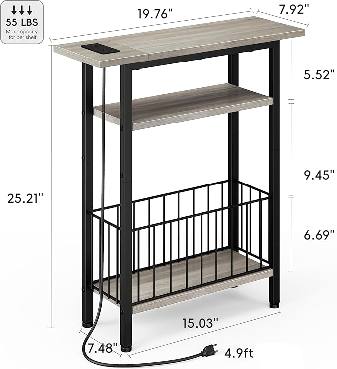 Vagusicc Narrow Side Table with Charging Station, Skinny Side End Table for Couch, 3-Tier Small End Tables for Small Spaces, 25.2" Tall Slim Nightstand Bedside Table for Living Room, Bedroom, Greige