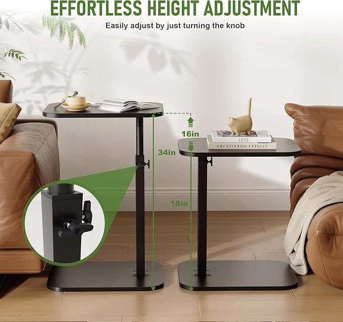 C Shaped End Table, Adjustable Height Couch Side Table, Horizontal 360°Swivel Small Couch Side Tables That Slide Under, C Shaped End Table TV Tray Table for Couch(Black)