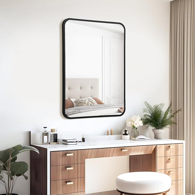24x36 Rounded Rectangle Bathroom Mirrors for Over Sink, Black Vanity Mirror with Metal Frame Wall Mounted, Modern Farmhouse Mirror for Restroom, Bedroom, Entryway Decor