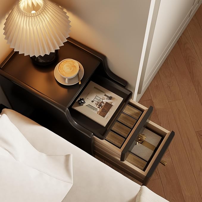 Small Nightstand with Drawers, Solid Wood Bedside Table, Narrow Walnut Nightstand for Bedroom