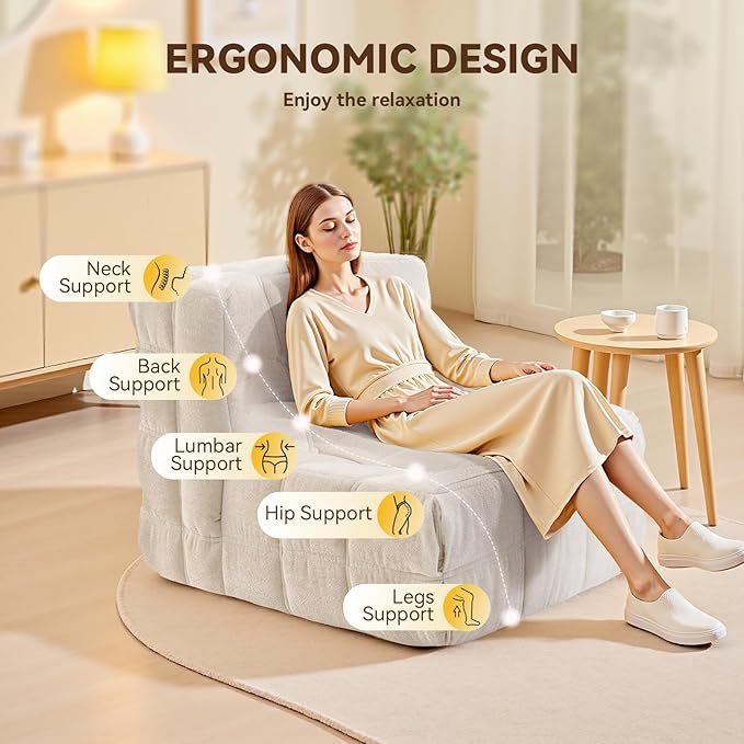 Bean Bag Chair, Soft Chenille Pre-Filled Lazy Chair Floor Sofa Bean Bag Chair for Adults and Teens, Accent Chair for Living Room Bedroom Apartment (Ivory)