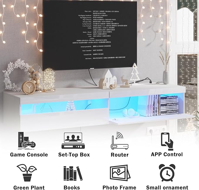 Floating TV Stand with Led Lights, 71 inch Wall Mounted TV Shelf with Power Outlet, Modern Entertainment Center Media Console with Storage Cabinet, Up to 80 Inch TVS, White