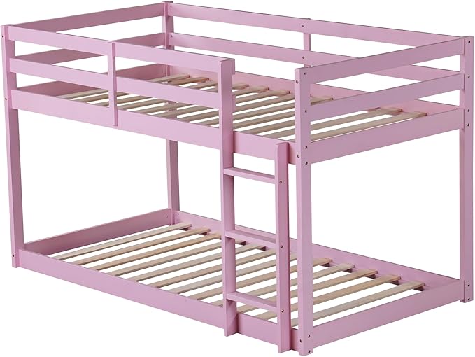 Ball & Cast Bunk Bed Twin Over Twin,Floor Bunk Bed with Ladder,Solid Rubber Wooden Bed Frame w/Full Length Guardrail,for Dormitory, No Box Spring Needed,for Kids Teens,Pink