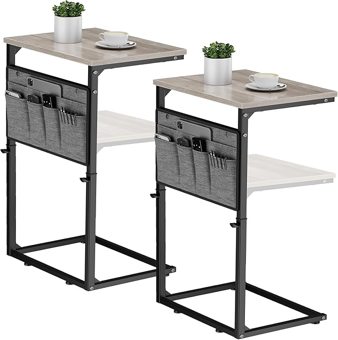 Vagusicc C Shaped End Table, Set of 2 Tall Side Table for Couch, Adjustable Height Small Couch Side Table for Small Spaces, End Table Slide Under Sofa Table TV Tray Arm Table for Living Room, Grey