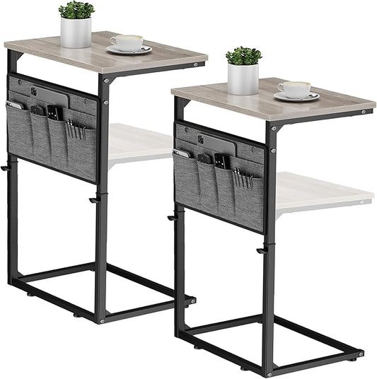 Vagusicc C Shaped End Table, Set of 2 Tall Side Table for Couch, Adjustable Height Small Couch Side Table for Small Spaces, End Table Slide Under Sofa Table TV Tray Arm Table for Living Room, Grey