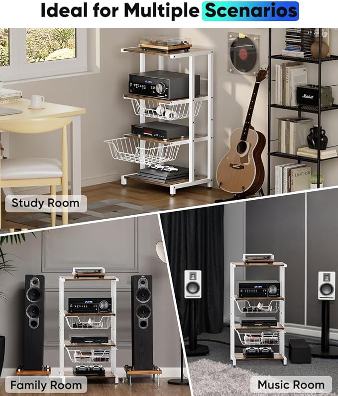 Media Stand with Two Detachable Baskets, 4-Tier AV Media Stand Corner Shelf for DVD Players/Cable Boxes/Games Consoles, Audio Storage Rack for Living Room, Gaming Room, Music Studio, White