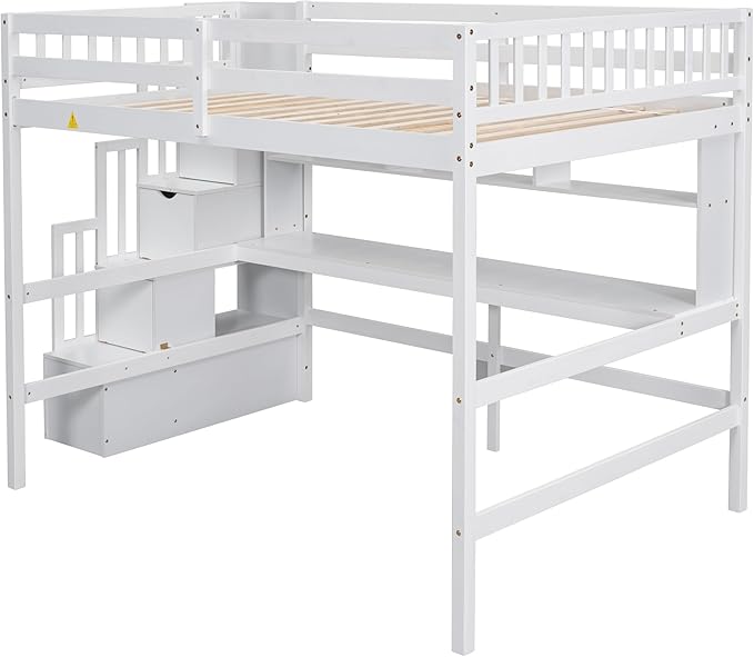 HomSof Full Size Loft Bed with Built-in Desk, Bookshelves and Storage Staircase,White