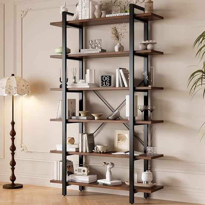Solid Wood core Industrial Style Bookcase,Bookshelf with 6 Shelves, Walnut Wood and Black Metal Frame, Large Open Storage Display Unit (Dark Walnut, 6 Tiers)