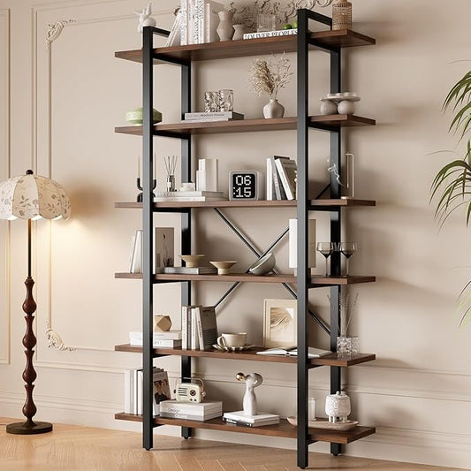 Solid Wood core Industrial Style Bookcase,Bookshelf with 6 Shelves, Walnut Wood and Black Metal Frame, Large Open Storage Display Unit (Dark Walnut, 6 Tiers)
