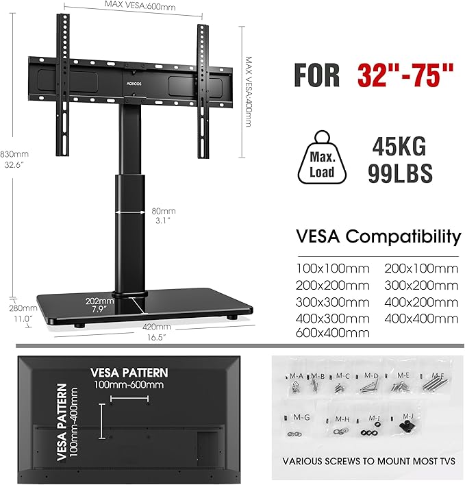 Swivel Universal TV Stand for 32-75 inch TVs with Tilt Down/Up, 8 Levels Height Adjustable Table Top TV Mount Stand with Stable Heavy Duty Tempered Glass Base, MAX VESA 600x400 mm, up to 99lbs, Black