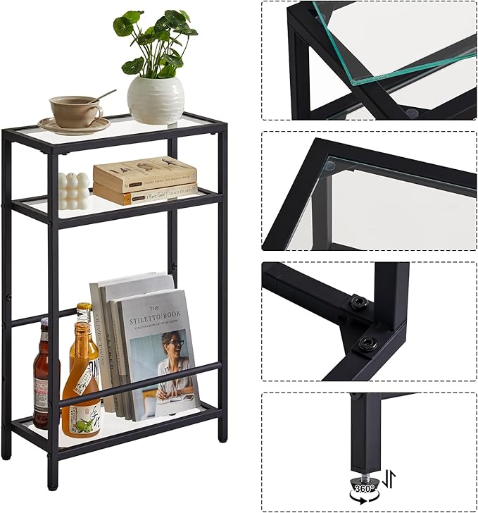 IBUYKE Narrow Side Table with Storage Shelf, 3 Tier Slim End Table,Modern Sofa Table, Small Nightstand, Telephone Table for Small Spaces,for Living Room, Bedroom, Black UTMZ002B