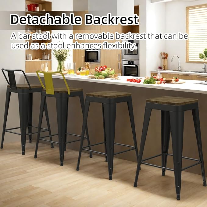 Black Bar Stools Set of 4, Metal Bar Stools with Wooden Seat, Modern 26”Counter Height Barstools with Low Back