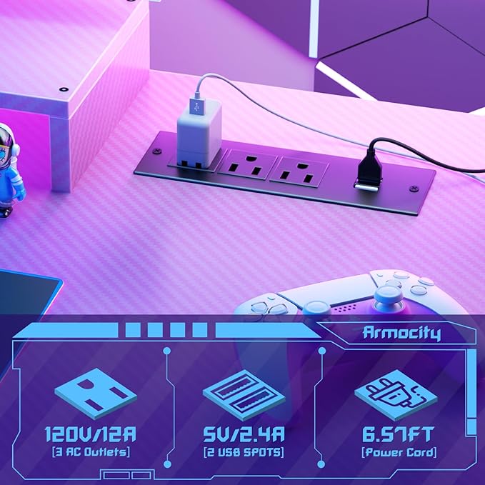 Armocity Pink Gaming Desk with Hutch and LED Lights, 53" Computer Desk with Storage Shelves, Reversible PC Gaming Desk with Pegboard, Gamer Desks for Bedroom, Carbon Fiber Surface