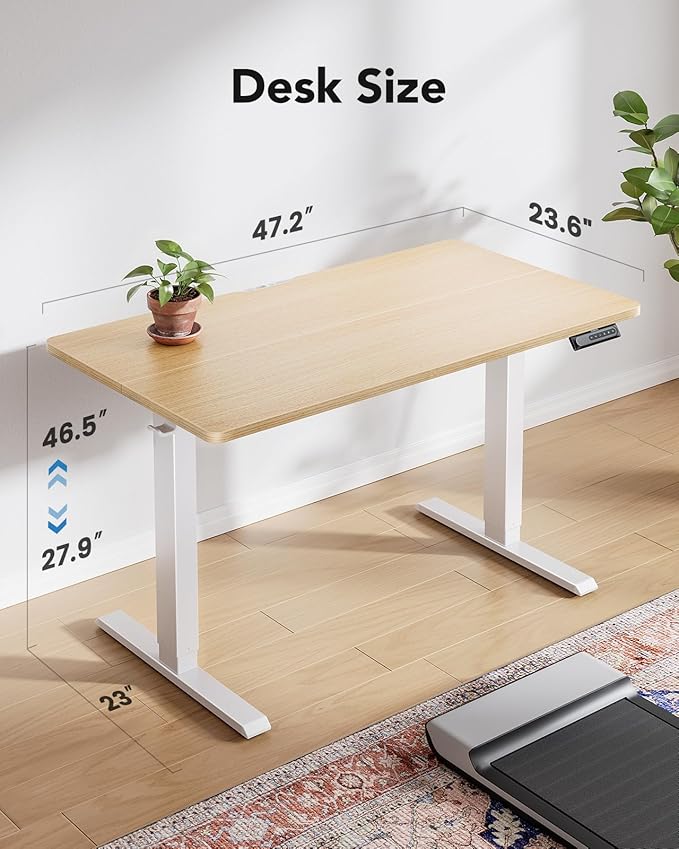 HUANUO 48" x 24" Electric Standing Desk Adjustable Height, 4 Memory Height Settings, Headphone Hook, Cable Manager, Sit Stand Up Desk for Home Office & Computer Workstation, Natural