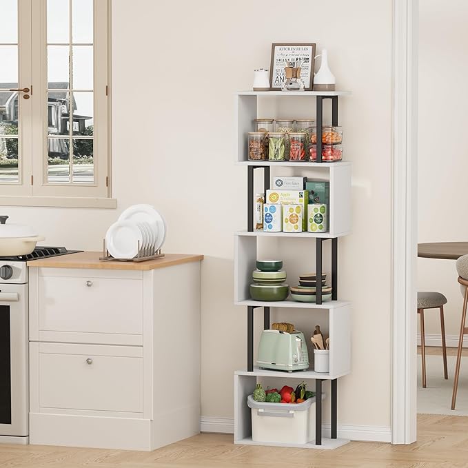 Gadroad 5-Tier Bookshelf, Narrow S-Shaped Geometric Bookcase, Wood Decorative Storage Shelving, Modern Freestanding Display Shelves, Book Shelf Unit for Living Room Bedroom Home Office, White