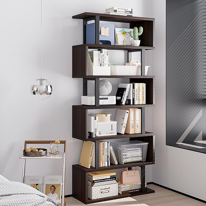 SORCEDAS Bookshelf Geometric Bookcase S Shaped Industrial Bookshelf Storage Display Stand Shelf for Living Room Bedroom and Office Room (Black, 6 Tier)