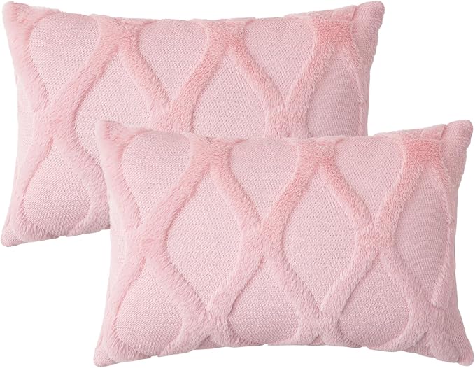 decorUhome Throw Pillow Covers 12x20 Inch Set of 2, Soft Plush Faux Fur Wool Lumbar Light Pink Couch Pillow Covers, Decorative Neutral Pillow Cases for Bed Sofa Living Room Home Decor