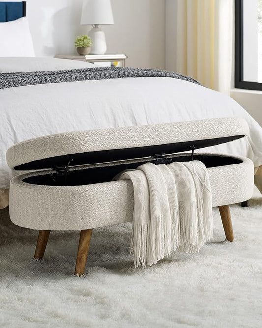 Oval Storage Bench 43.5" Linen Fabric Upholstered Entryway Bench with Solid Wood Legs Ottoman Bench Indoor Bench for Living Room/Bedroom/End of Bed/Entryway (Beige)