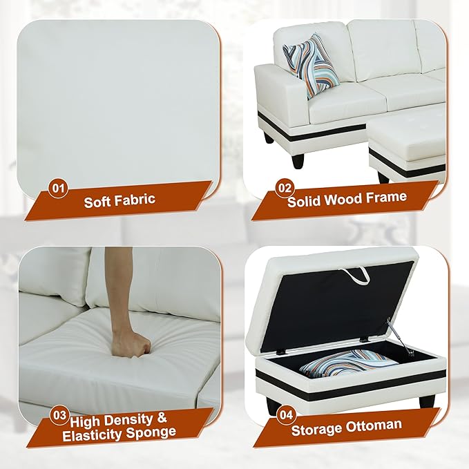 Osparple L Shaped Couch PU Leather Sectional Couch Upholstered 3 Pieces Sofas for Living Room with Chaise, Ottoman with Storage for Office and Small Apartment, Black and White