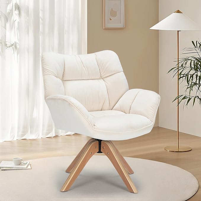 Mid Century Accent Chair, Fabric Desk Chair, Modern Cozy Vanity Chair no Wheelwith Wood Legs, Upholstered Single Boucle Armchair for Living Room Bedroom Office Guest Room Dining Room (Beige)