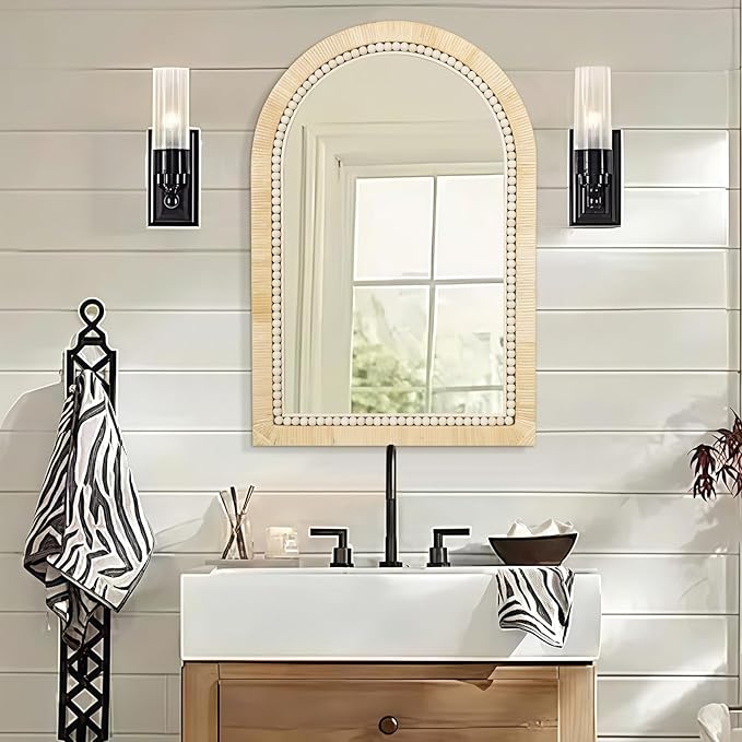 ULIKE Rattan Mirror for Bathroom, 24x36 Inch Arch Rustic Farmhouse Wall Decor with Handmade Wicker Frame, Boho Mirror for Nursery Bedroom Living Room Entryway