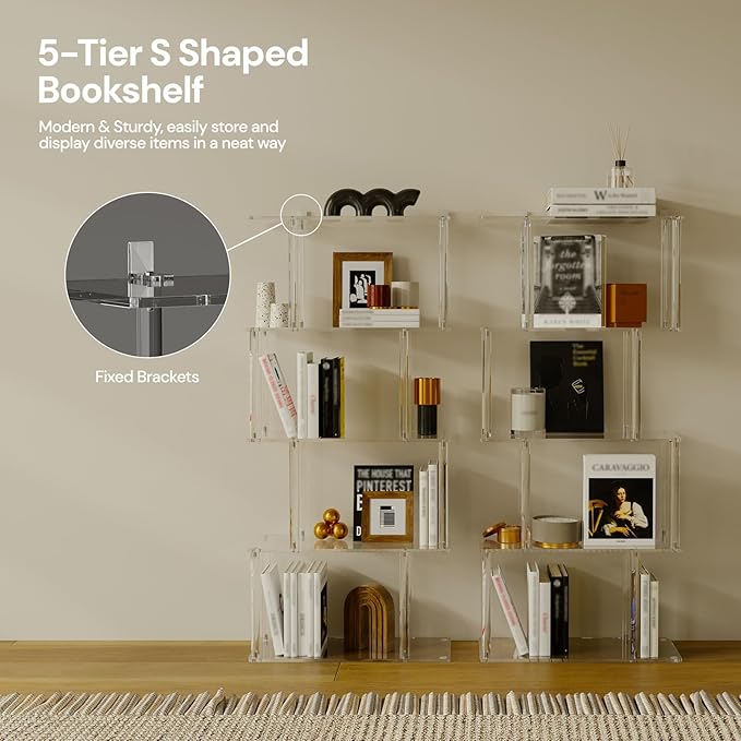 Acrylic Geometric Bookshelf, 5-Tier Clear S Shaped Bookcase, Modern, Unique Book Shelf for Living Room, Bedroom, Office, 9.3" D x 22.4" W x 49.2" H, Easy Assembly