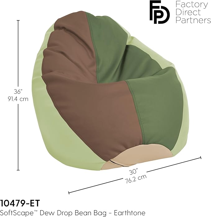 FDP SoftScape Dew Drop Bean Bag Chair with Supportive High-Back Design, For Kids, Teens and Adults, Alternative Seating for Dorms, Schools, Libraries, Daycares or Home - Earthtone