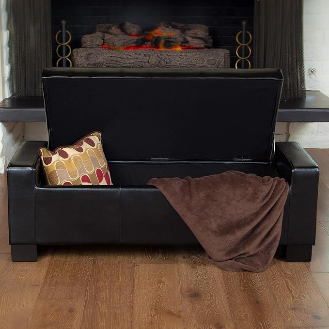 Ball & Cast 50.8" Upholstered Leather Storage Ottoman with Tufted Waffle Stitch,End Bench w/Uses Pressure Hinges and Wood Legs,Entryway Footrest Stool for Living Room & Bedroom,Black