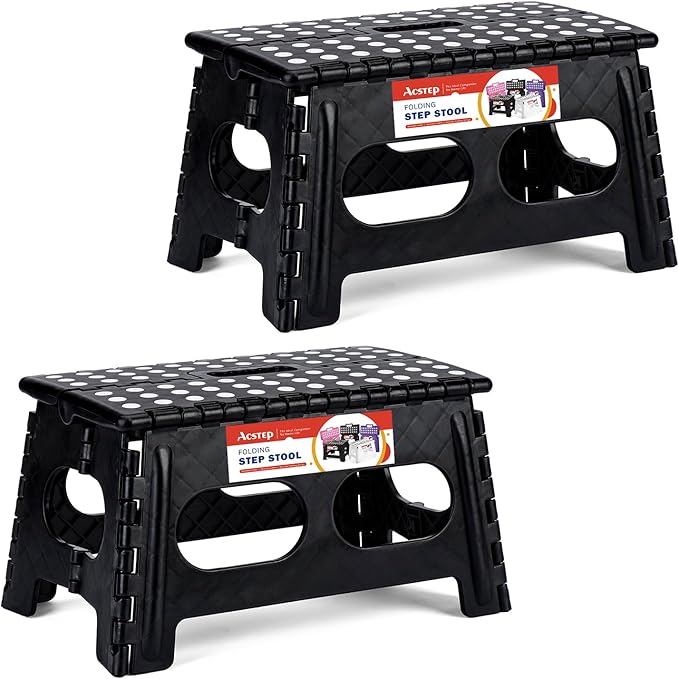 ACSTEP Foldable Step Stool for Kids and Adults,15-Inch Extra Wide 9-Inch Height Step Stool(2 Pack) More Safe and Comfortable Holds Up to 300 lbs Folding Step Stool for Bathroom, Garden, Kitchen（Black）