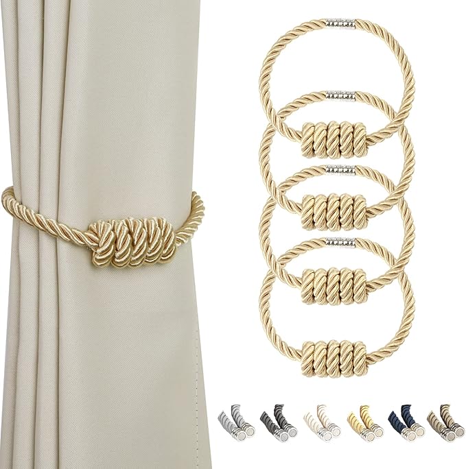 BEL AVENIR Magnetic Curtain Tiebacks, Decorative Drapery Holdbacks Modern Woven Tie-Backs with Exquisite Knot (Gold, 4 Pack)
