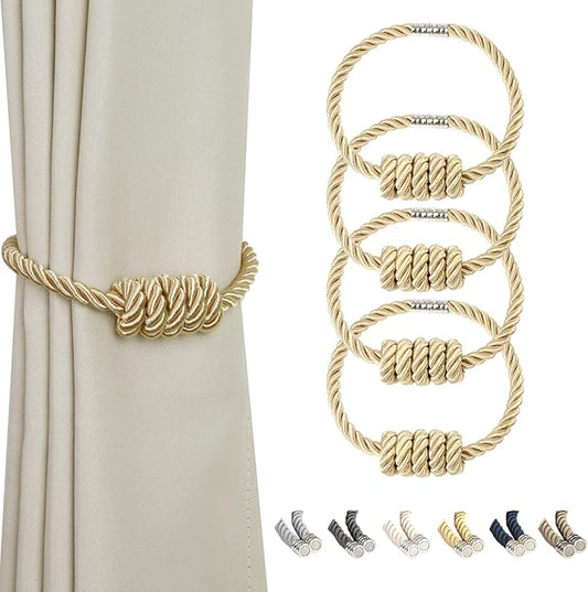 BEL AVENIR Magnetic Curtain Tiebacks, Decorative Drapery Holdbacks Modern Woven Tie-Backs with Exquisite Knot (Gold, 4 Pack)