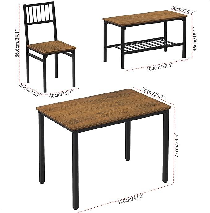 Teraves Dining Table Set for 4/Computer Desk,Kitchen Table with 2 Chairs and a Bench,Table and Chairs Dining Room Set 4 Piece Set for Dining Room (Teak, 120CM)