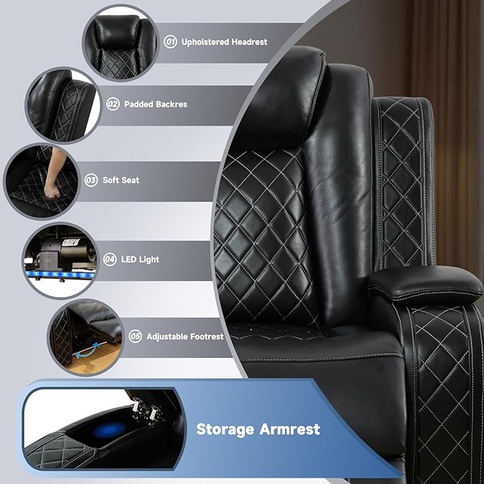PU Leather Power Wall Hugger Chair Double Reclining Sectional Sofa 3-Seater Loveseat Couch with Reversible Coffee Table, Wireless Chargers, USB Port and Ambient LED Light for Living Room RV Theater