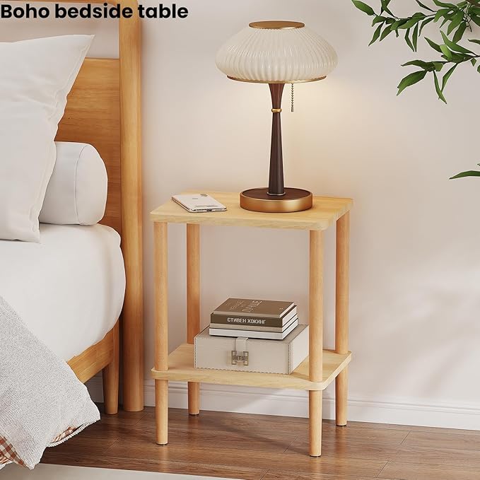 LUCKNOCK Solid Wood Side Table, 2-Tier Small End Table with Storage Shelf, Narrow Nightstand Bedside Table for Small Spaces, Bedroom, Living Room, Farmhouse, No-Tool Assembly.