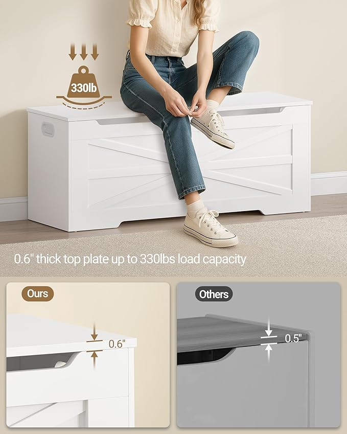 47.2" Storage Chest, Extra Large Storage Trunk with 2 Safety Hinges, Wooden Box Bench, Lift-Top Organizer Chest, Shoe Bench for Entryway, Bedroom, Living Room, White SB13403X