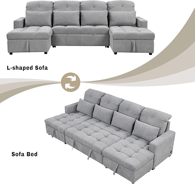 Ball & Cast 110.2" Oversized Versatile Sectional Sleep Sofa with Two USB Ports,U-Shape 4 Seat Pull-Out Couch w/Double Storage Chaise Lounges,for Living Room,Apartment,Office,Gray
