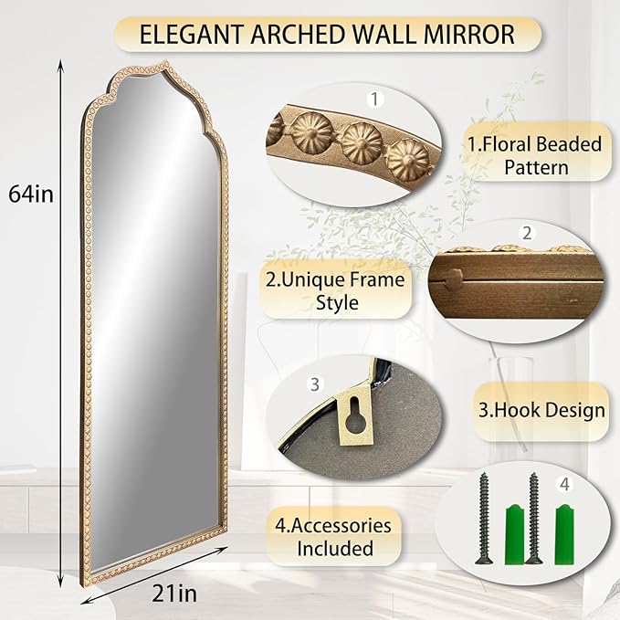 Large Gold Arched Mirror, 21"x64" Arch Standing Floor Mirrors for Dressing, Metal Beaded Frame Vintage Mirror, Scalloped Full Length Mirrors for Living Room Bedroom Hallway Entryway