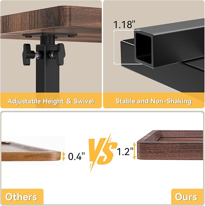 C Table End Table Adjustable Height, 360°Swivel TV Tray Table for Small Spaces, Couch Tables That slide under, C Shaped Side Tables living room and bedroom for Sofa, Bed,Chair, Snack (Walnut Brown)