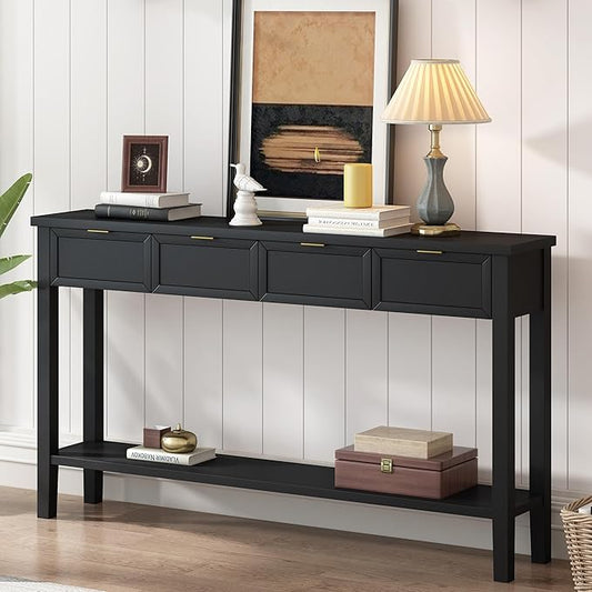 Ball & Cast 60“ Contemporary 4 Drawers Console Table, Long Narrow Entryway-Table with Drawer & Shelf, Modern Storage Sofa Tables, Farmhouse Wood Couch-Tables for Entrance Hallway Living,Black