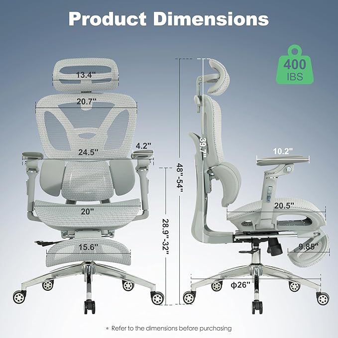 Ergonomic Mesh Office & Gaming Chair | 3D Lumbar Support, 6D Adjustable Armrests, Retractable Footrest | SGS Class 4 Certified | High Back Desk Chair for Home Office, Supports 400lbs