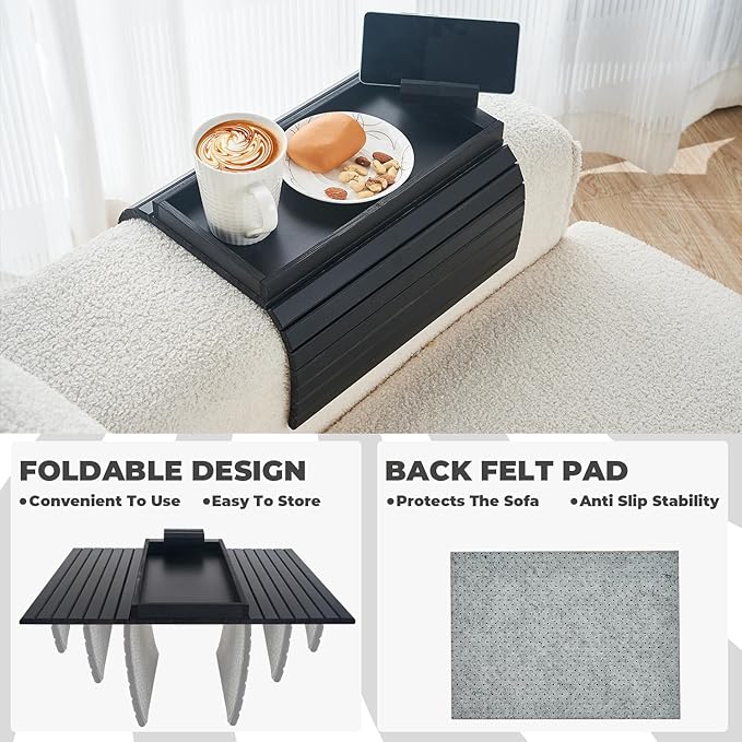 Bamboo Sofa Arm Tray, Anti Falling Couch Arm Tray Armrest Table with 360° Rotating Phone Holder, Foldable and Portable Sofa Armrest Trays Cup Holder for Drink,Cups, Phone, Snacks, Remote
