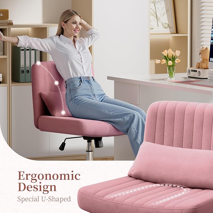 Warmiehomy Criss Cross Office Chair with Wheels, Velvet Cross-Legged Desk Chairs for Home, Height Adjustable Swivel Wide Seat Computer Chair, Modern Armless Vanity Chair for Girls Women, Rose Pink