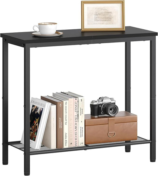 Hoctieon 2 Tier End Table, Sofa Side Table, Narrow Side Table with Storage, Slim Nightstand for Small Spaces, Metal Frame, for Living Room, Bedroom, Sofa Couch, Hall, Black